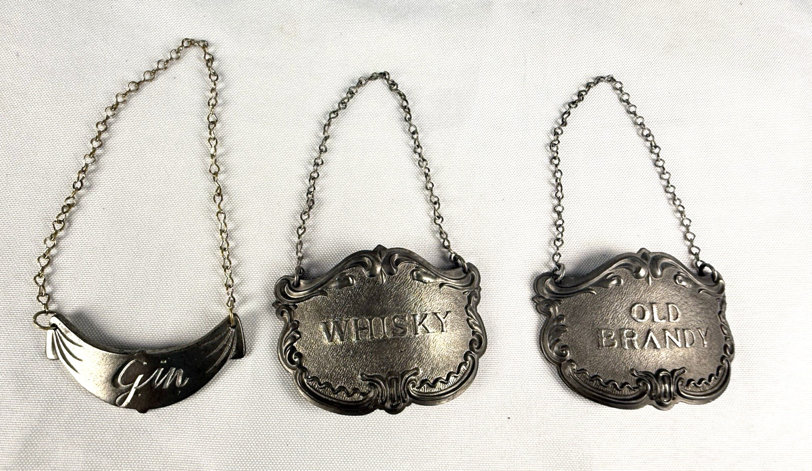 Pewter & Silverplate Decanter Label Tags Set 3 Gin Whisky Brandy Vintage