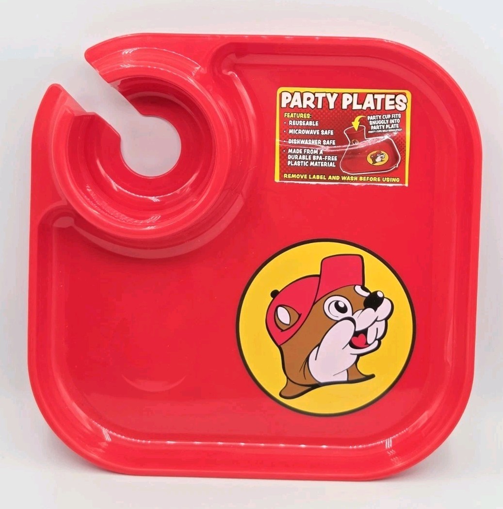 New BUC-EE'S Reusable Party Plate W Cup Holder Couch Tray Travel Camping Buc-ees