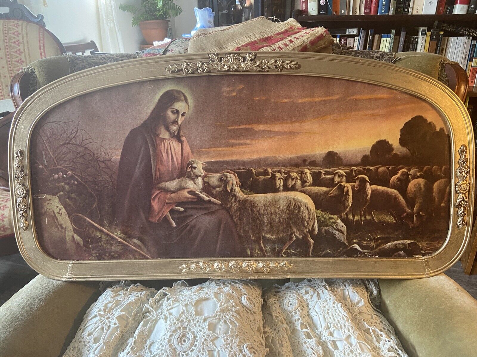 Antique Christ the Good Shepherd Print in Antique Gold Gesso Frame