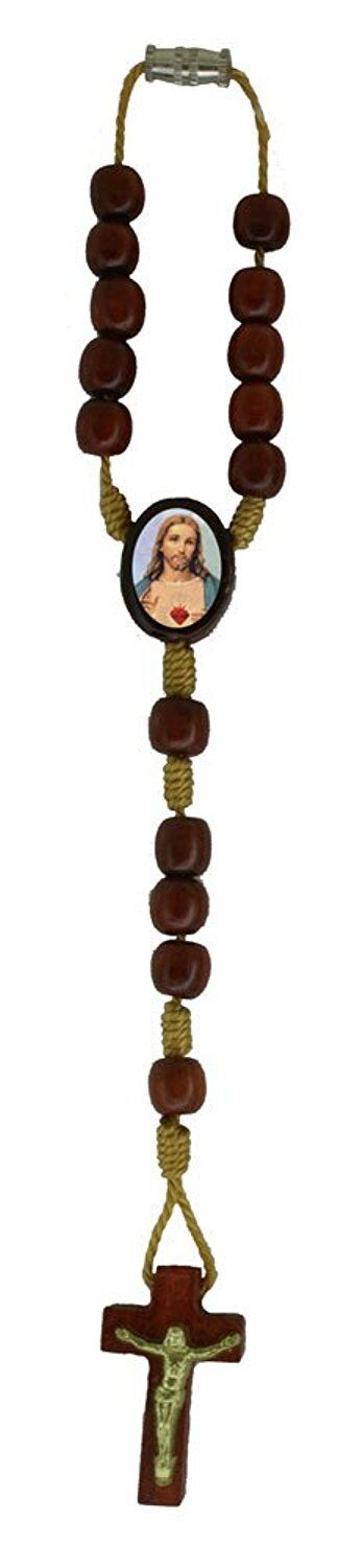 Sacred Heart of Jesus Car/Auto Rearview Mirror Wooden Rosary, Made in Brazil