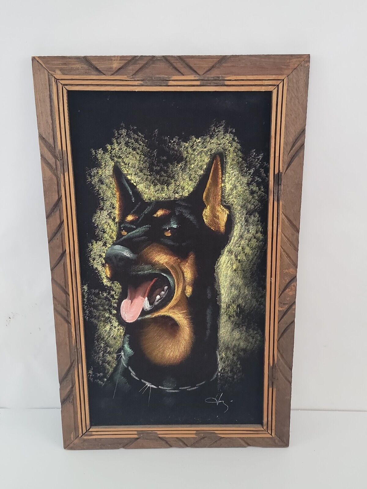 Vintage Doberman Pinscher Velvet Framed Painting Black Dog Wall Art Signed B
