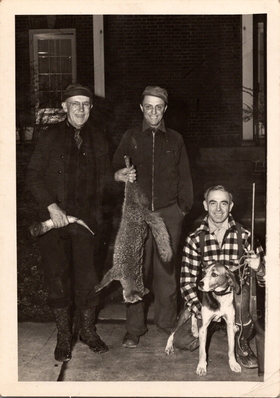 Vtg 1950 Found B&W Photo Men Fox Hunting Dog Retro Outdoors Beagle Pet K9