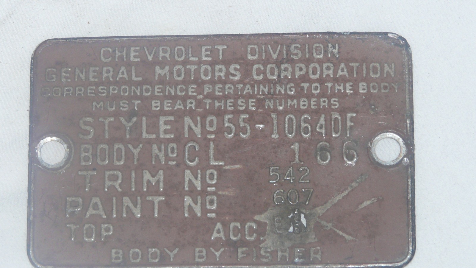Vintage 1955 Chevy Nomad Bel Air 2-Door Wagon Identification Cowl Tag 