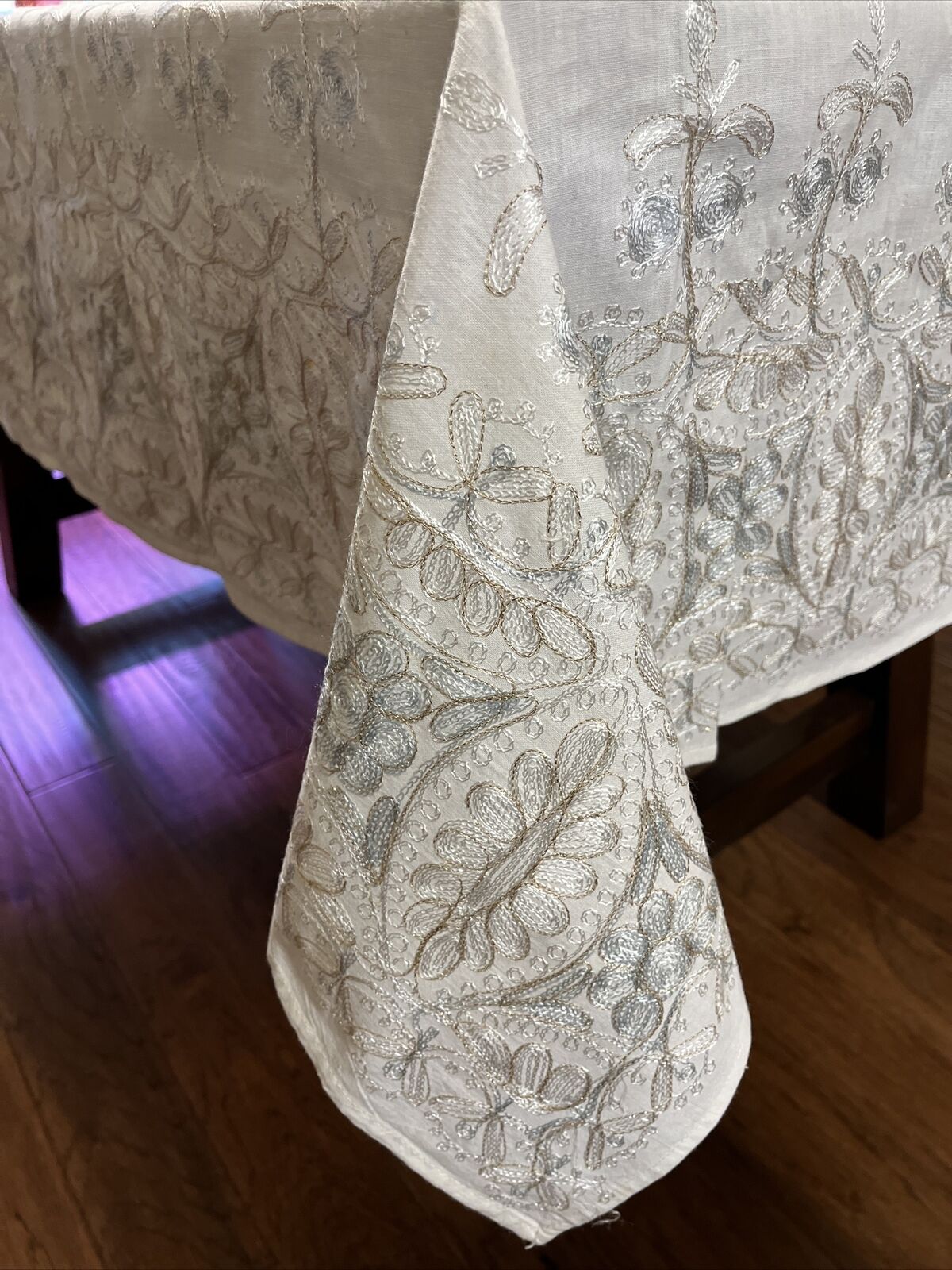 Vintage Elegant Embroidered 90x60 Tablecloth w/12 Napkins Ivory Gold White Sage