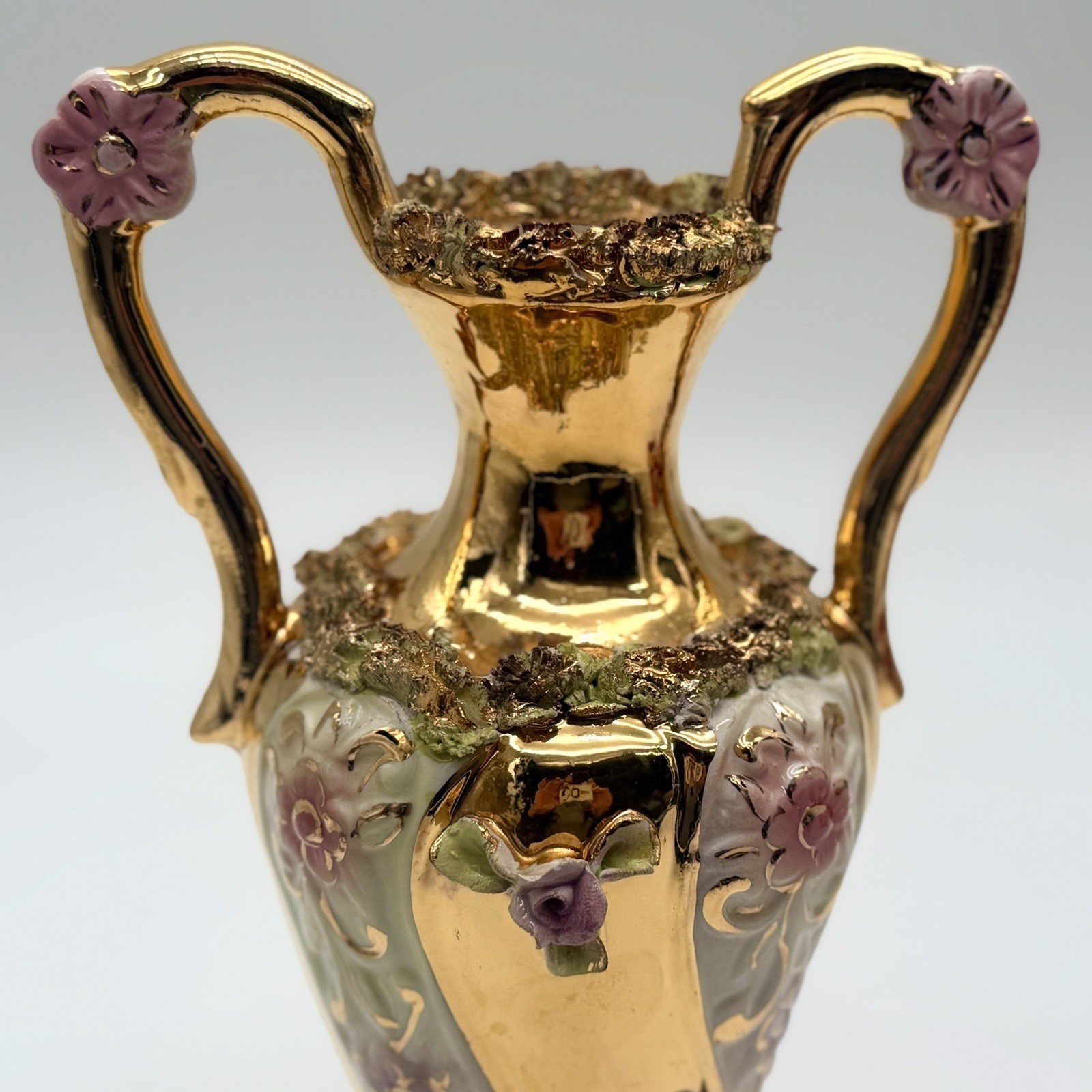 Stunning Antique Italian Racoco Florentino Porcelain Gold Gild Vase W/Handles Stunning Antique Italian Racoco Florentino Porcelain Gold Gild Vase W/Handles