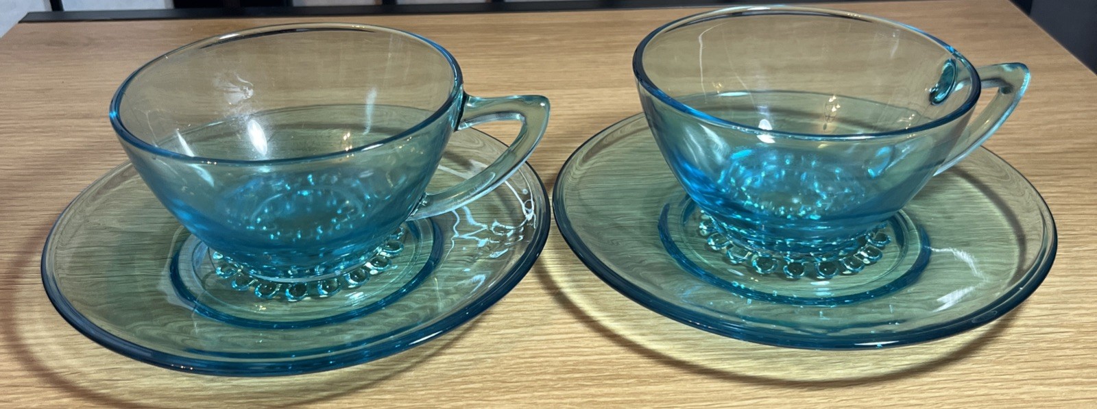 Vintage Hazel Atlas Capri Azure Blue Hobnail Glass Pair of Cups & Saucers Set