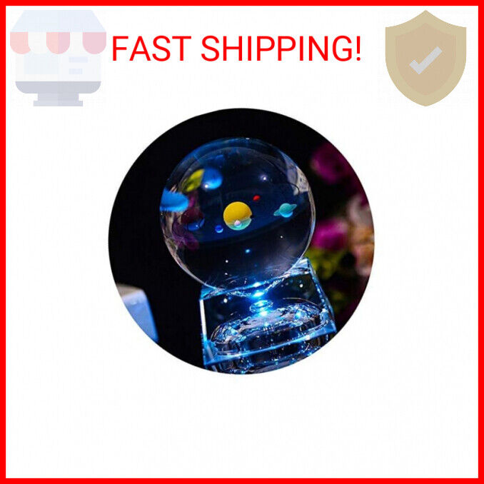 3D Crystal Ball with Solar System model and LED lamp Base, Clear 80mm (3.15 inch