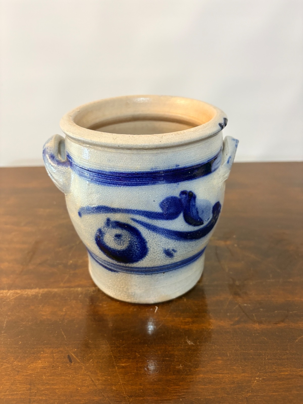 Vintage Salt Glazed Hand Painted Cobalt Blue Handled Stoneware Farmhouse Crock
