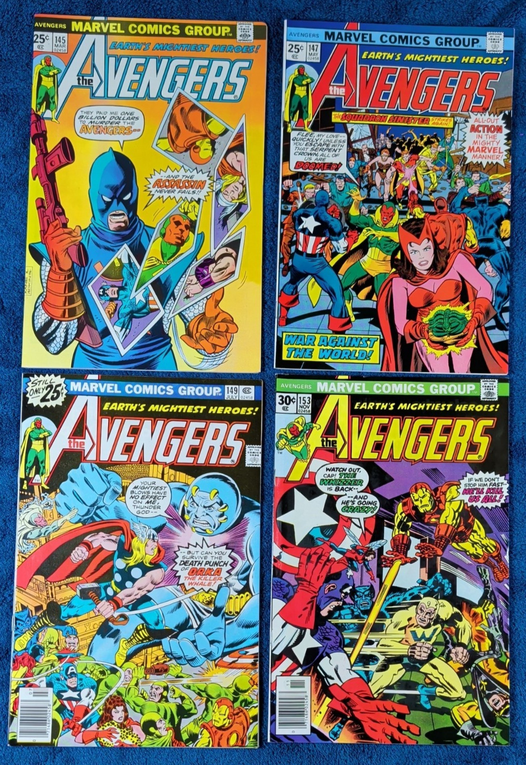 THE AVENGERS #145, 147, 149,153, MARVEL, 1976 EARLY AVENGERS STORIES 9.0 VF/NM