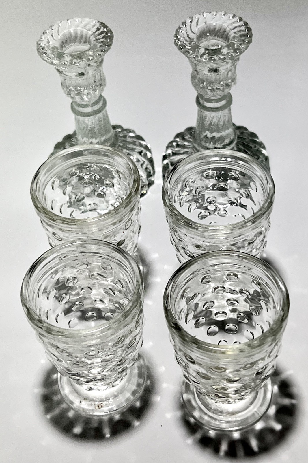 2 Pc Miniature Clear Glass Candle Holders with 4 Hobnail Clear Glasses 2-3/8