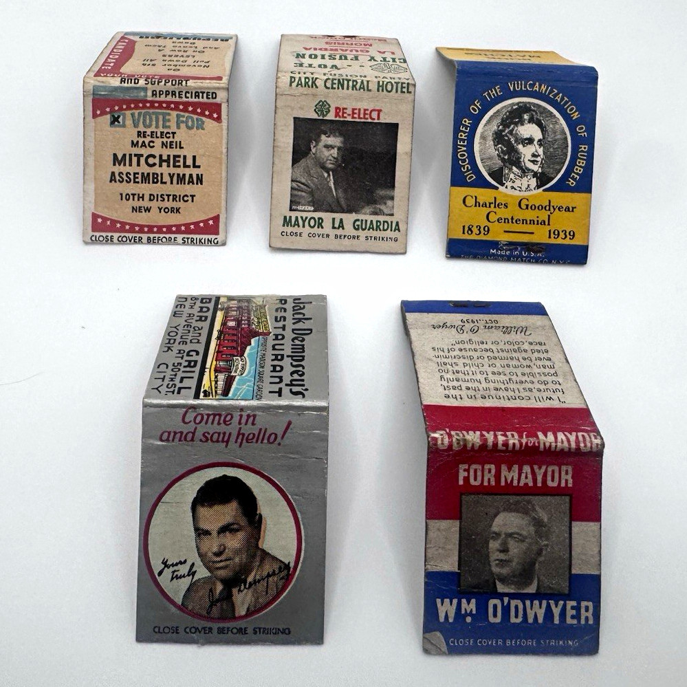 5 Vintage Matchbook Covers La Guardia O\'Dwyer Jack Dempsey Goodyear 1939