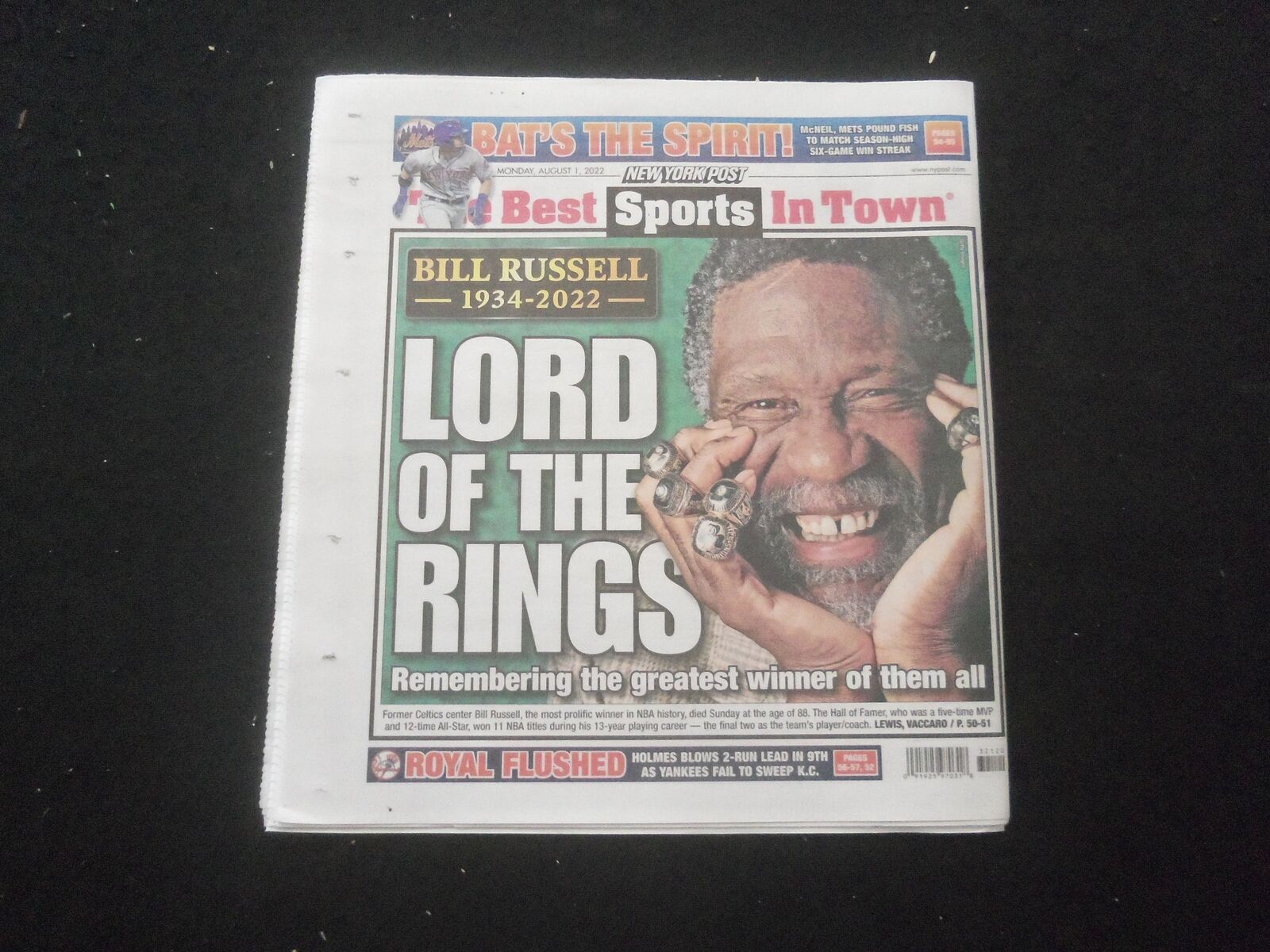 2022 AUGUST 1 NEW YORK POST NEWSPAPER - BILL RUSSELL DIED (1934-2022)