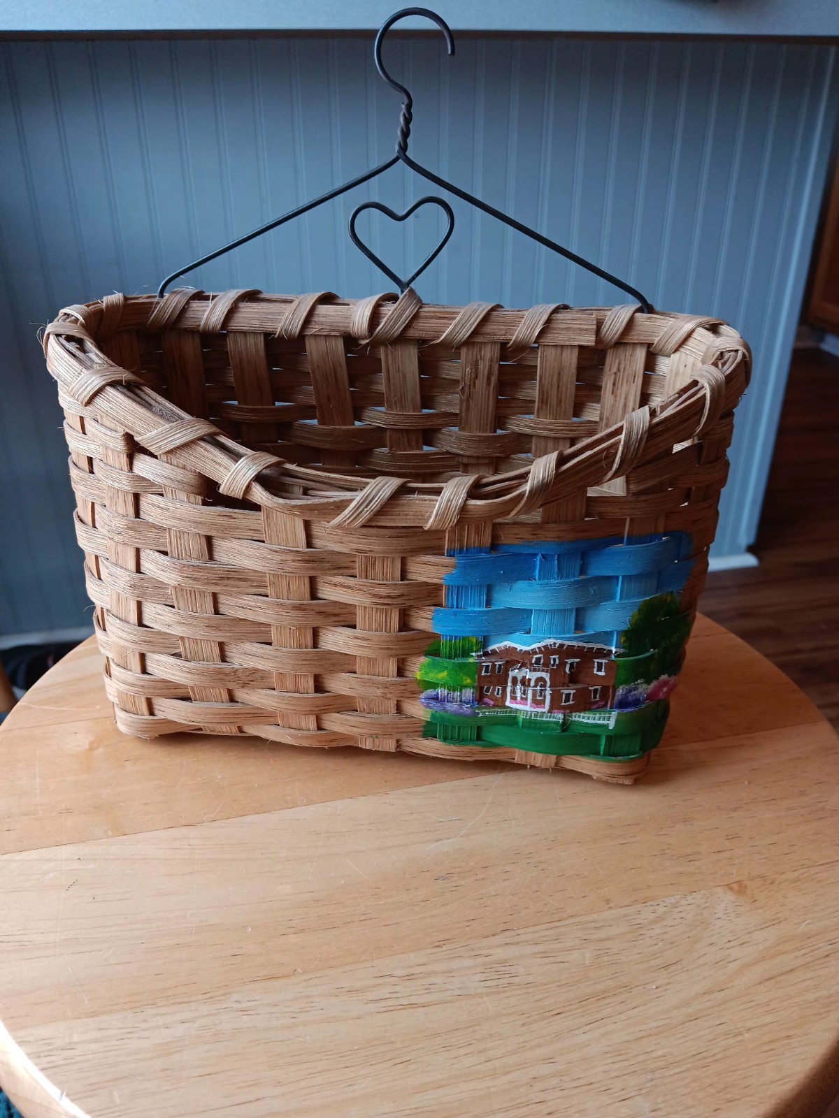 Hanging Small Mail Basket With Handpainted House Scene Signed By Artist