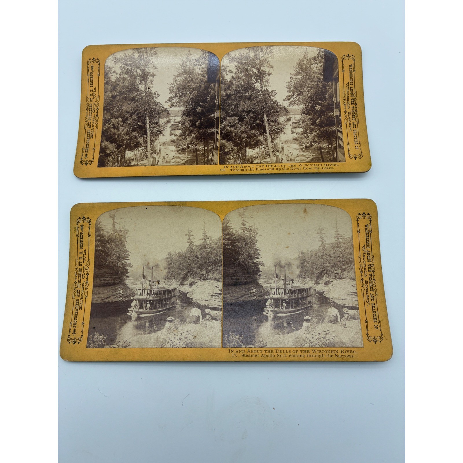 2 H.H. Bennett Stereoview Cards Wisconsin Dells Steamer Apollo No. 1 River Views