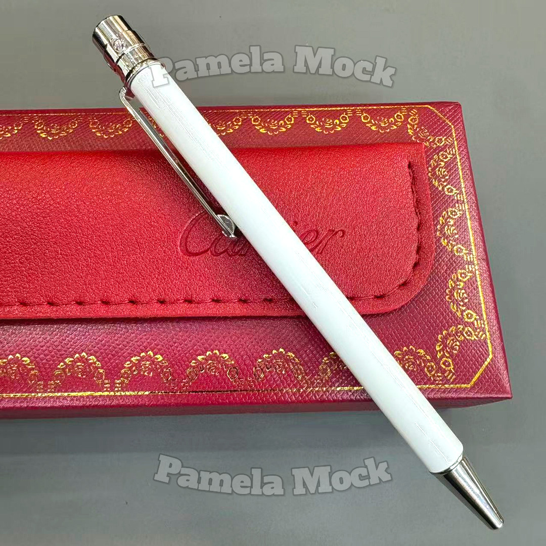 CARTIER Santos Mini Ballpoint Pen White Silver Tone Luxury Gift with Pouch