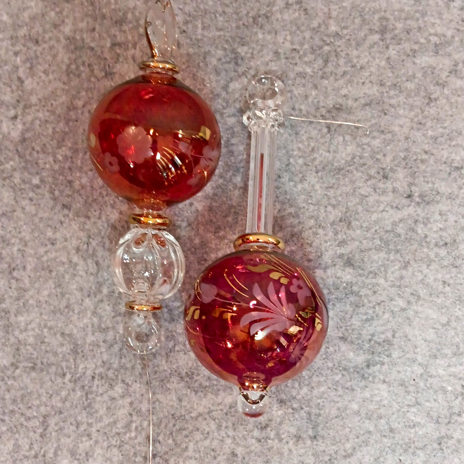 2 VTG Glass Red Etched Gold Floral Handblown  Ornaments Christmas 6 in