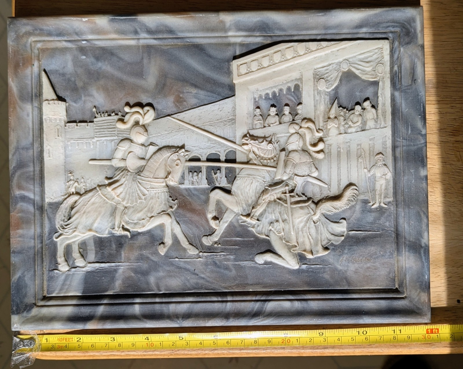 Incolay Stone Relief Wall Plaque – Medieval Jousting Knights by J.W. Roberts  