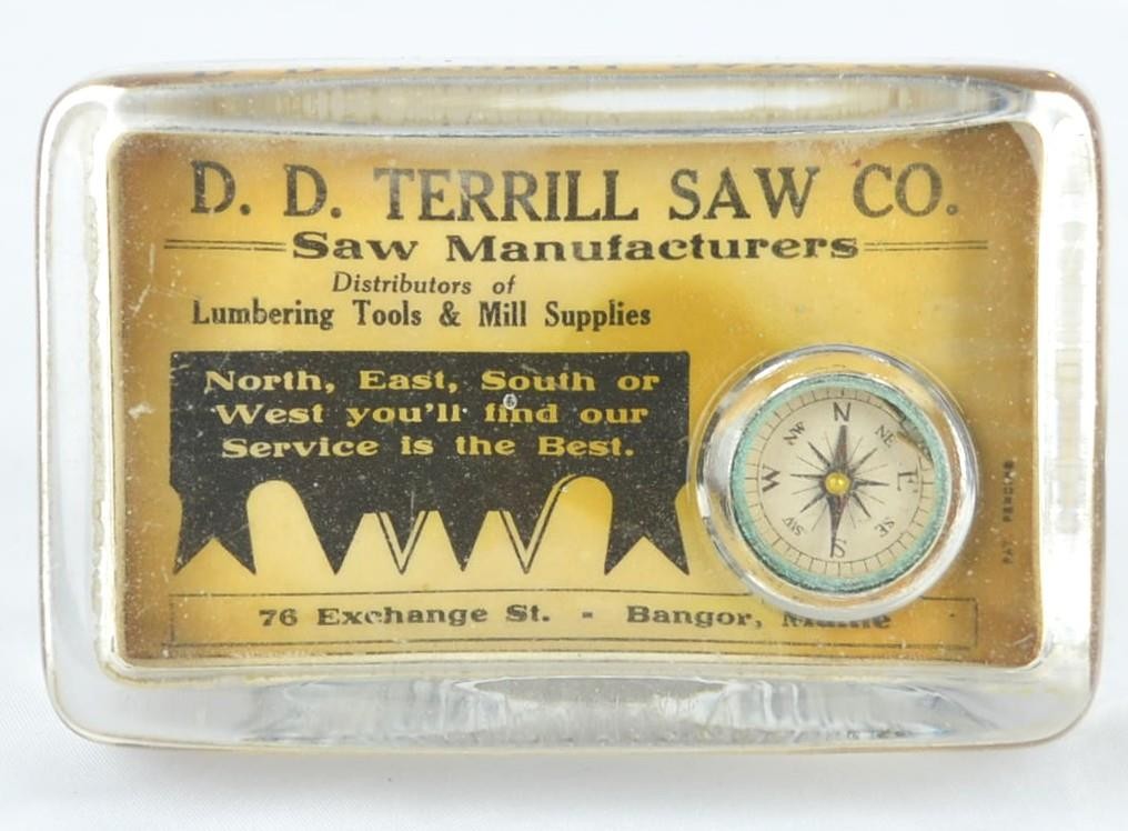 VINTAGE ADVERTISING PAPERWEIGHT D.D. TERRILL SAW CO. BANGOR ME c1950's - 4 1/4