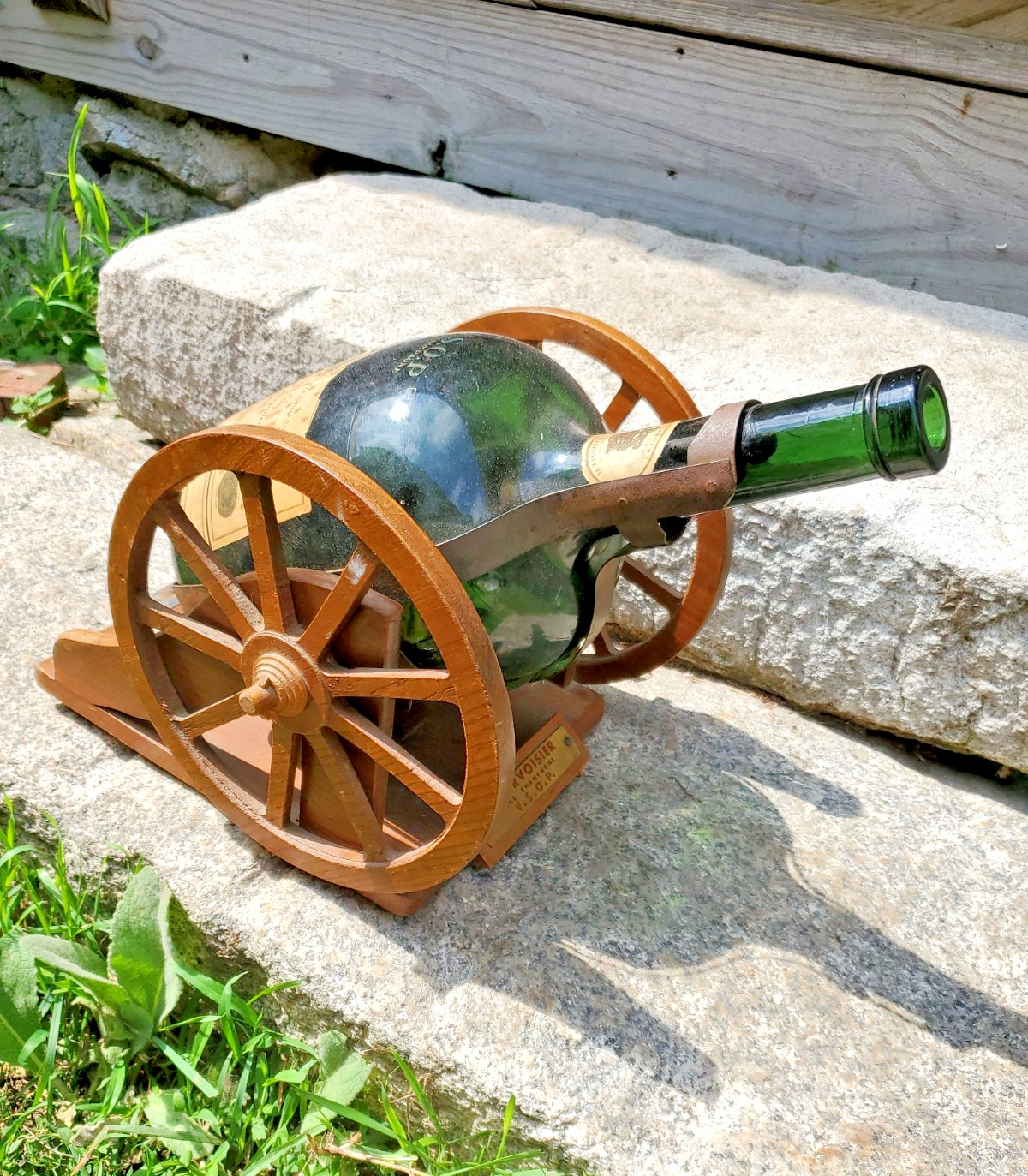 ​Vintage Courvoisier Cognac 1 Gallon Empty Bottle Wooden Cannon Carriage Cradle