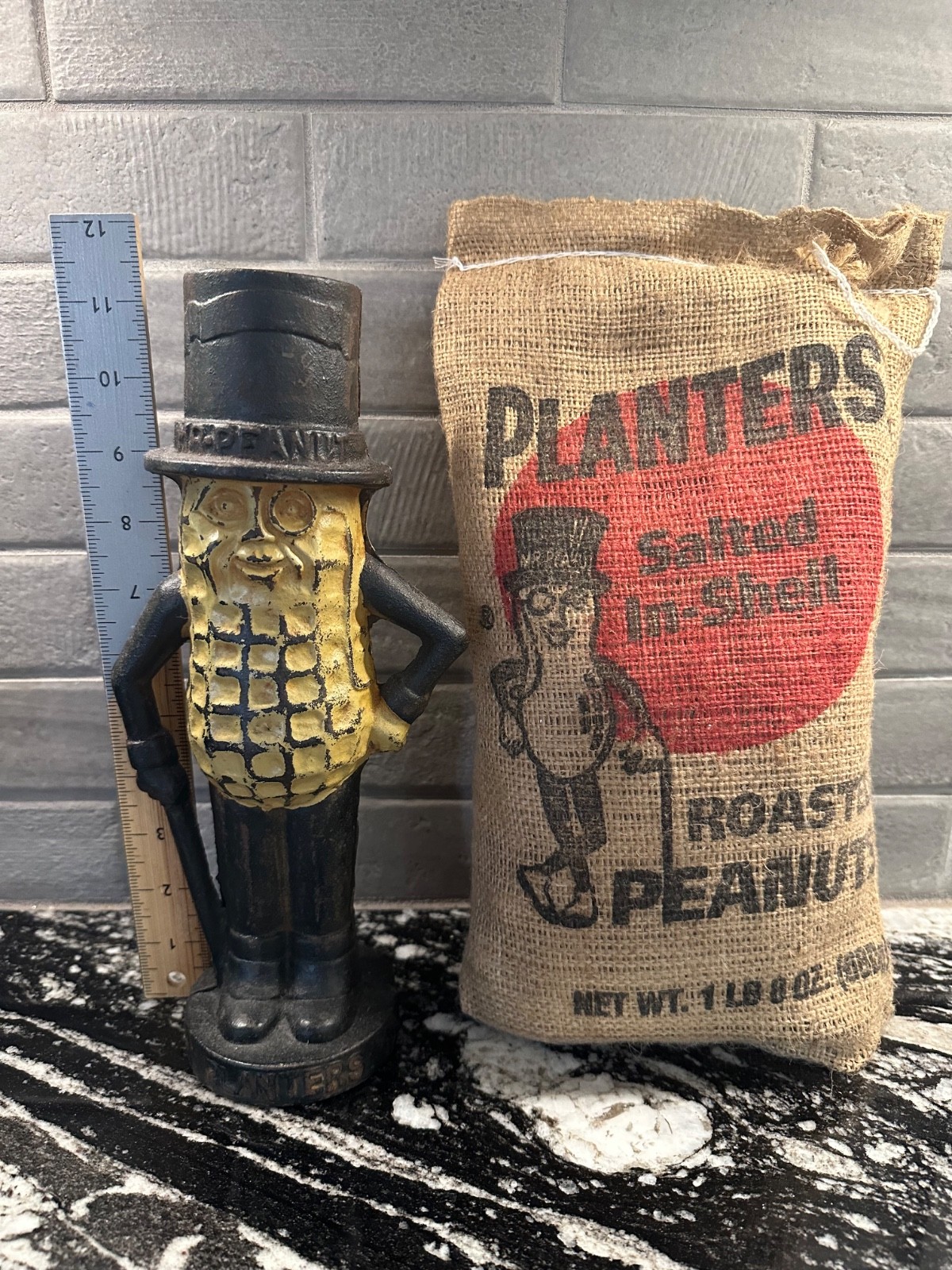 Vintage Mr. Peanut Planters Cast Iron Bank with Advertising Peanut Bag Vintage Mr. Peanut Planters Cast Iron Bank with Advertising Peanut Bag