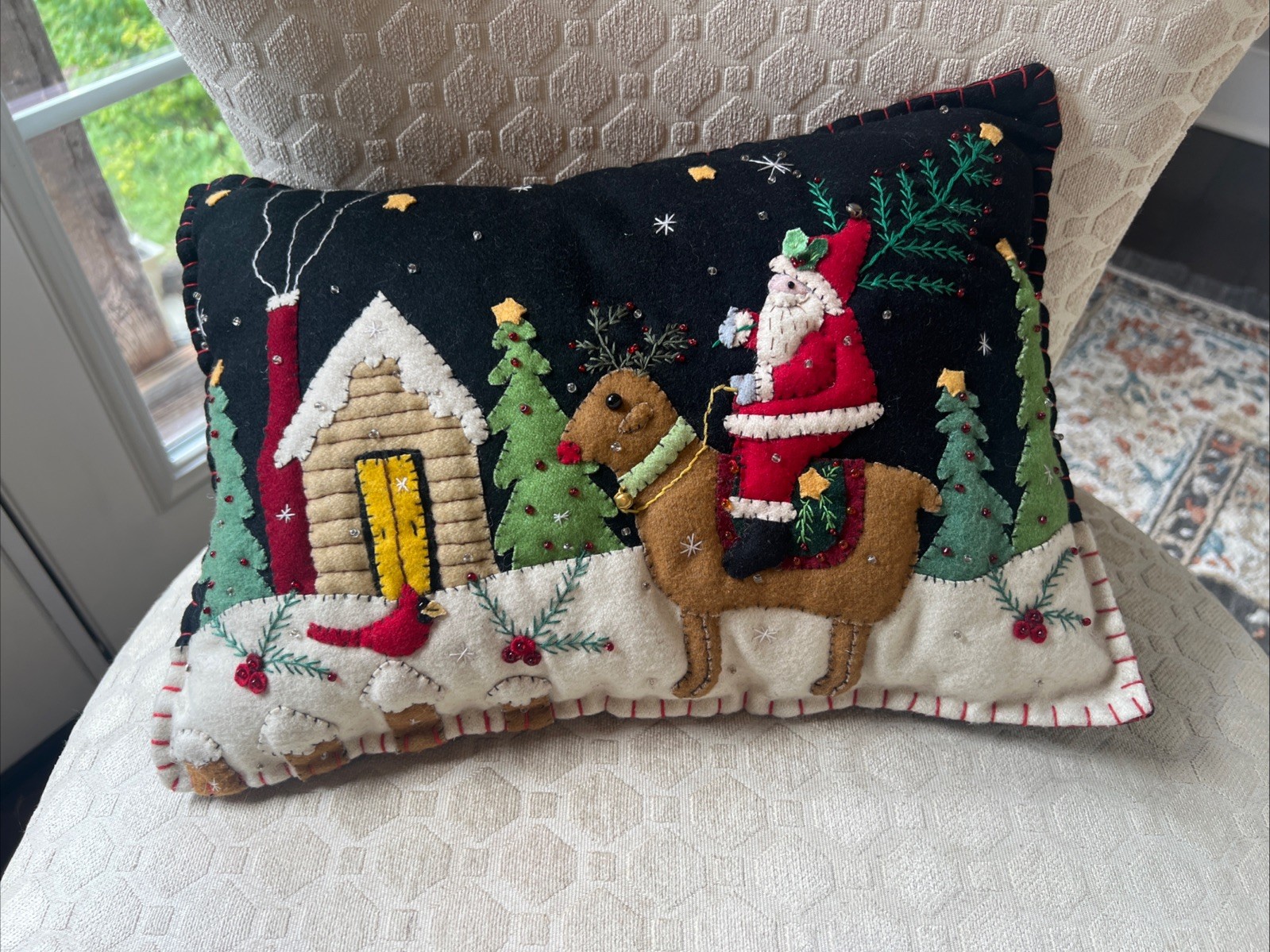 New World Arts Wool Felt Christmas Pillow Santa  Reindeer House Vintage Folk Art