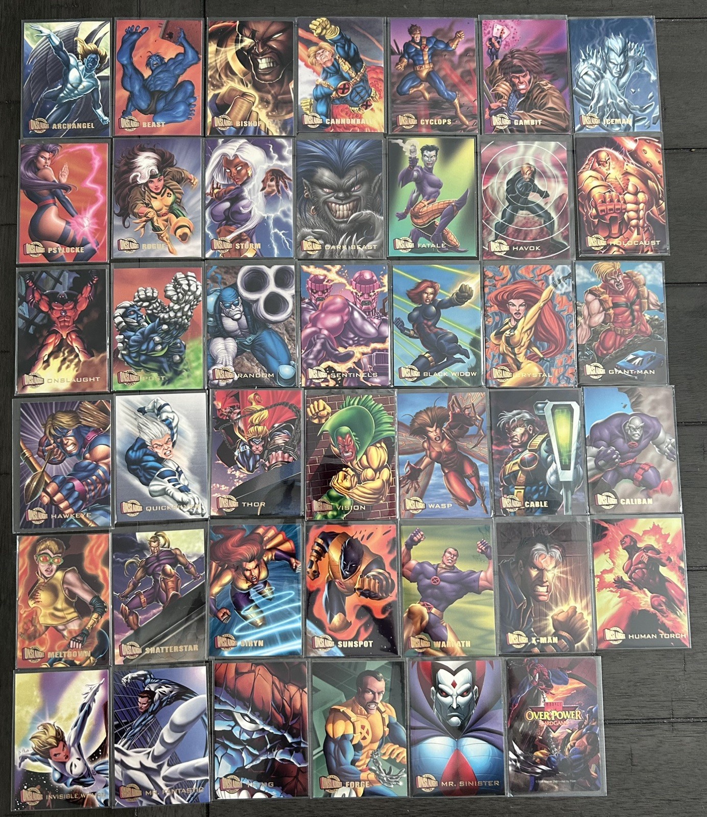 1996 Fleer Marvel Onslaught lot of 41 cards & Bonus Overpower Card Game card