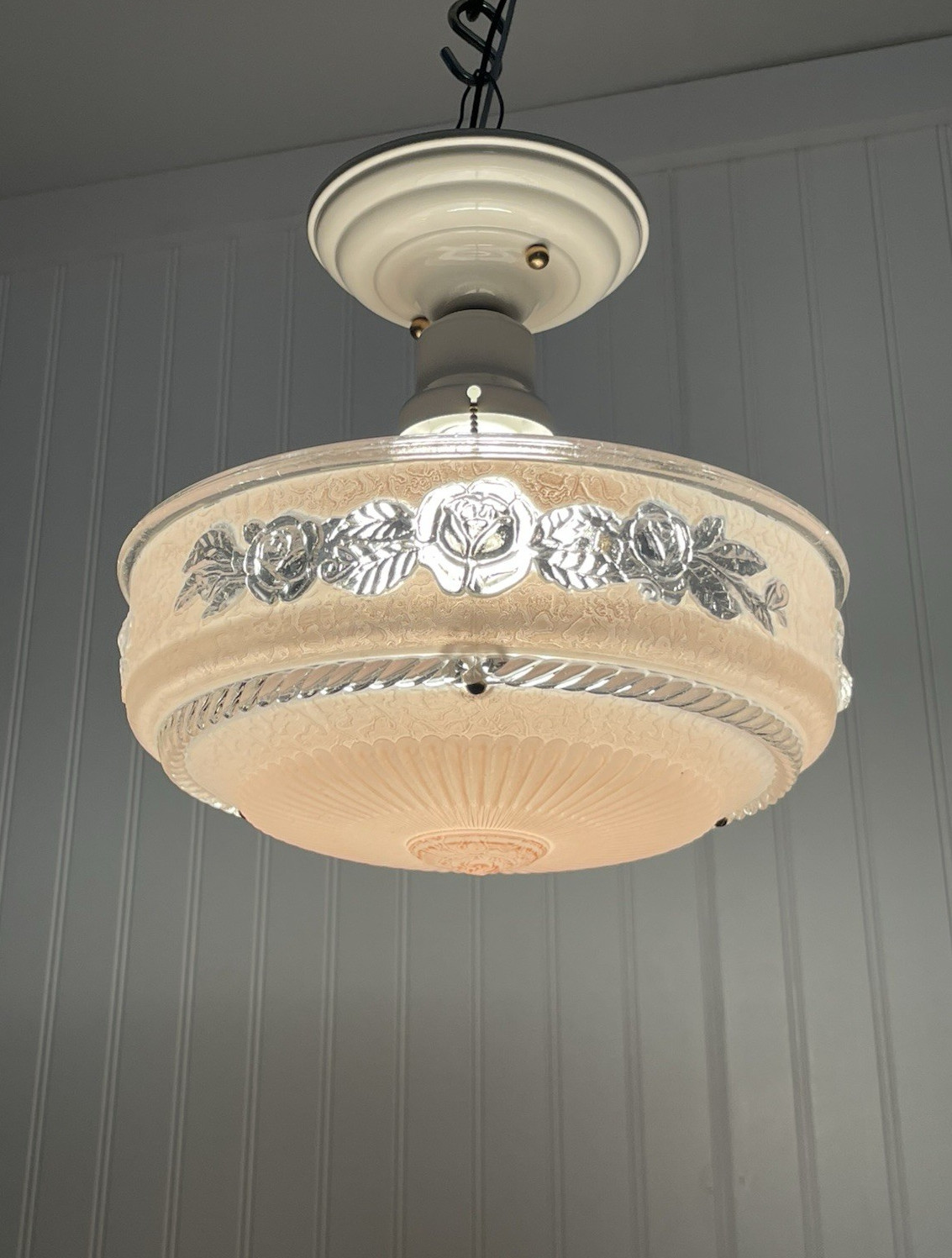 RESTORED Vtg Pink Semi Flush Mount Glass Ceiling Light Art Deco 1920s 1930 1940