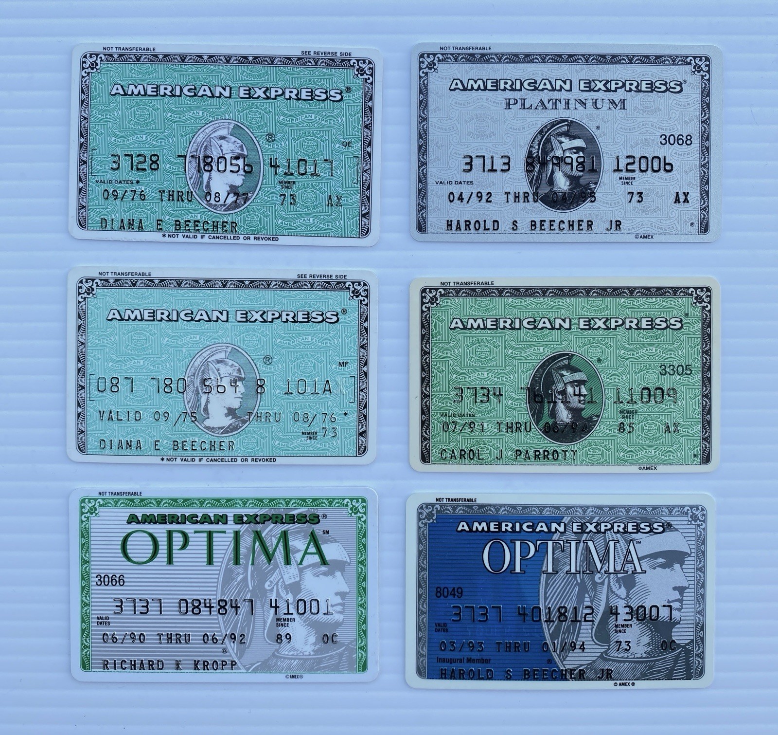 LOT of 6 Vintage American Express Green Cards AMEX 1970s 1990s Optima Platinum