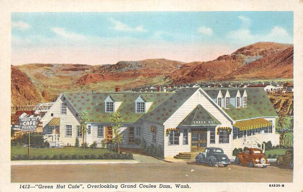 Grand Coulee Dam Washington birds eye view of Grene Hut Caf vintage pc DD6970