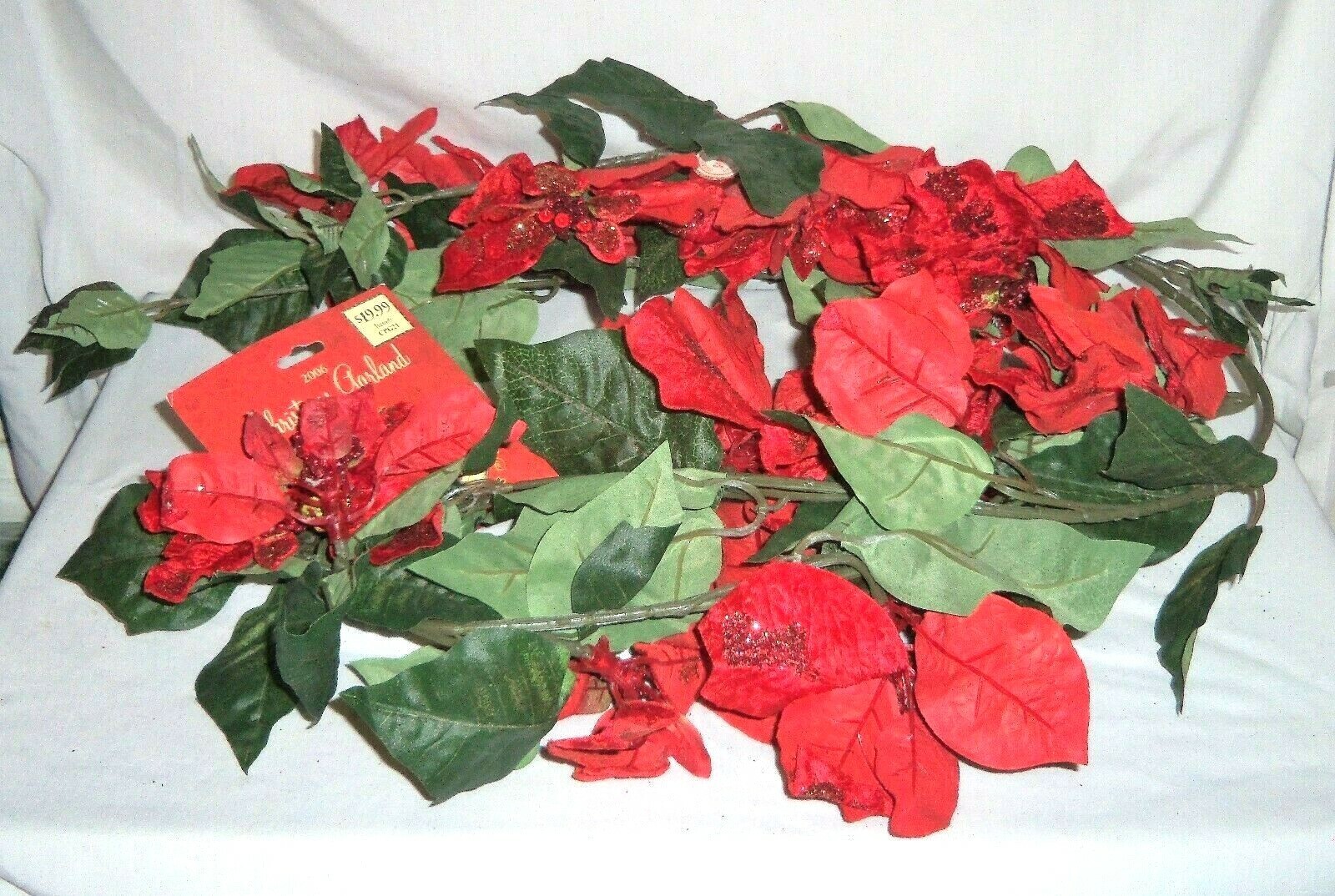 6ft Christmas Foliage Red Glitter Poinsettia Flower Garland Decor