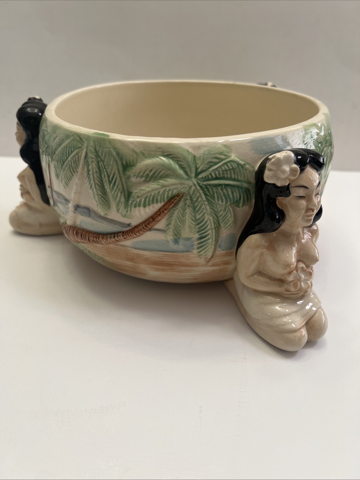 Vintage TIKI  Bowl kneeling Hula Girls Hand Painted Ceramic Pottery Hawaii 