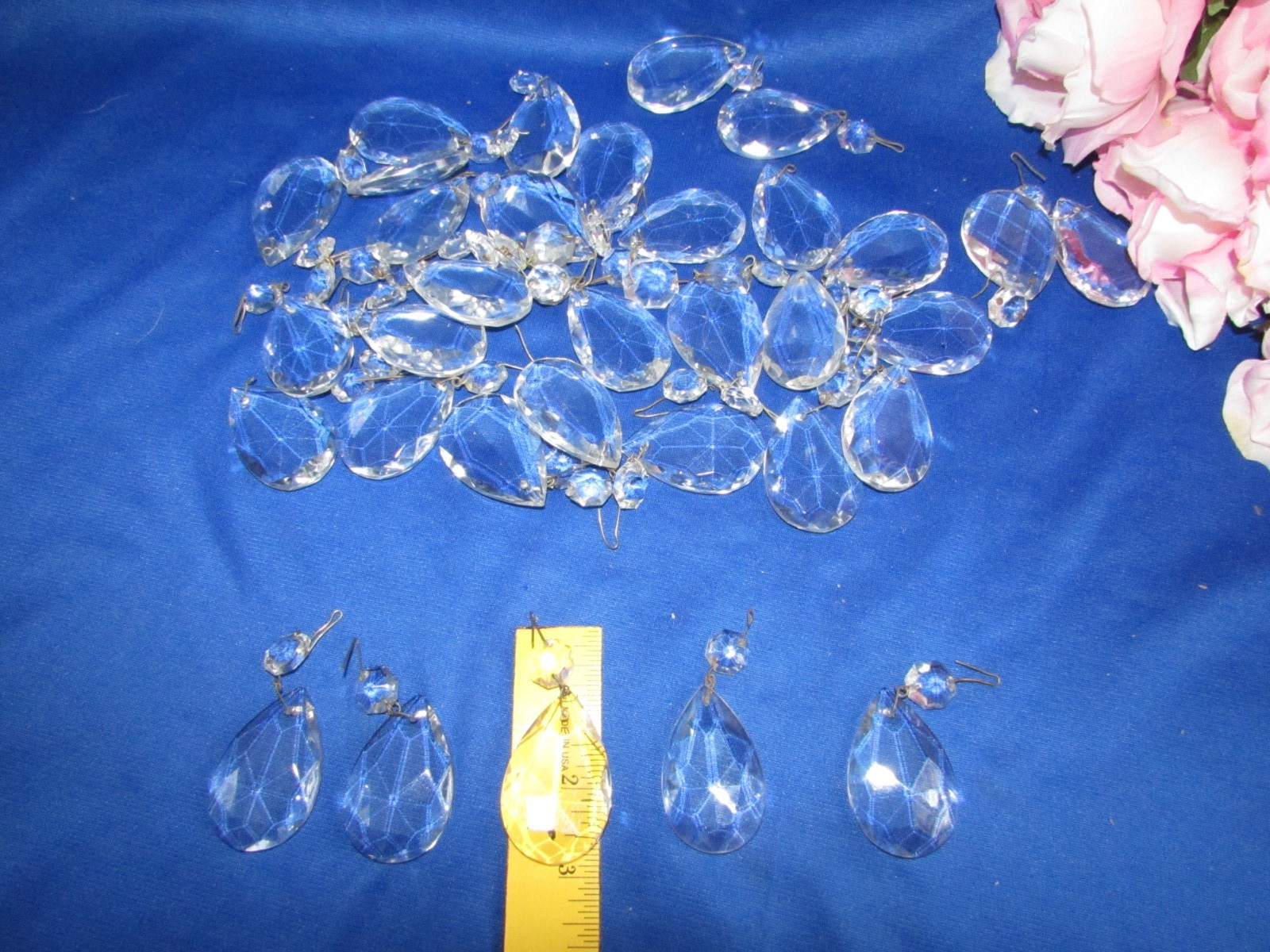 VINTAGE LOT 33 FACETED CRYSTAL TEARDROP PRISMS W TOP BEADS 2 3/4\