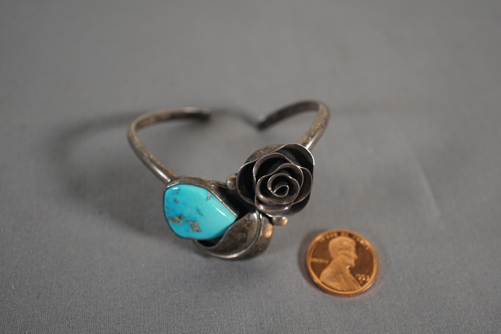 Vintage Sterling Silver & Turquoise Rose Native American Cuff Bracelet