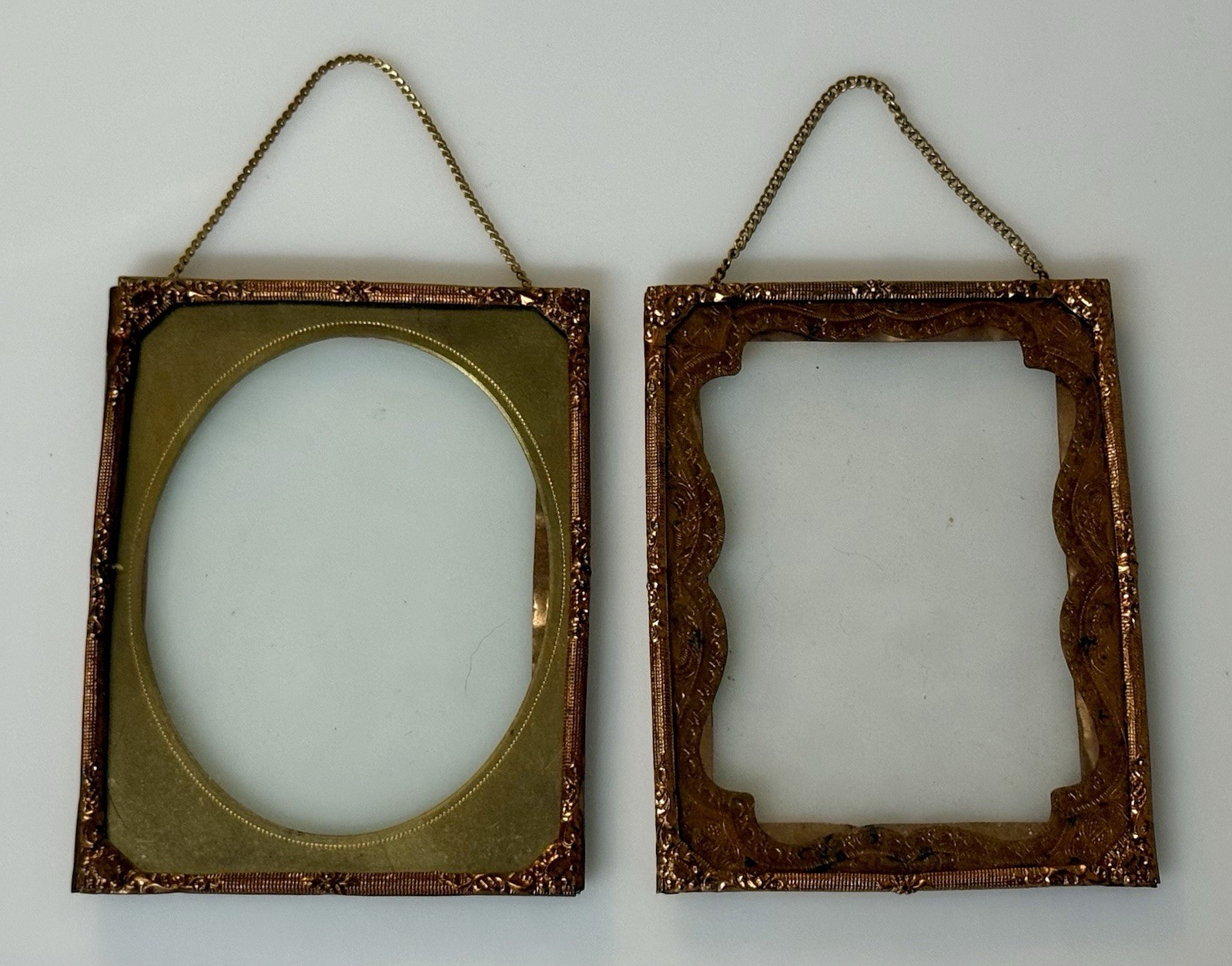 Pair of Antique Victorian Ornate Gilt & Brass Hanging Miniature Picture Frames
