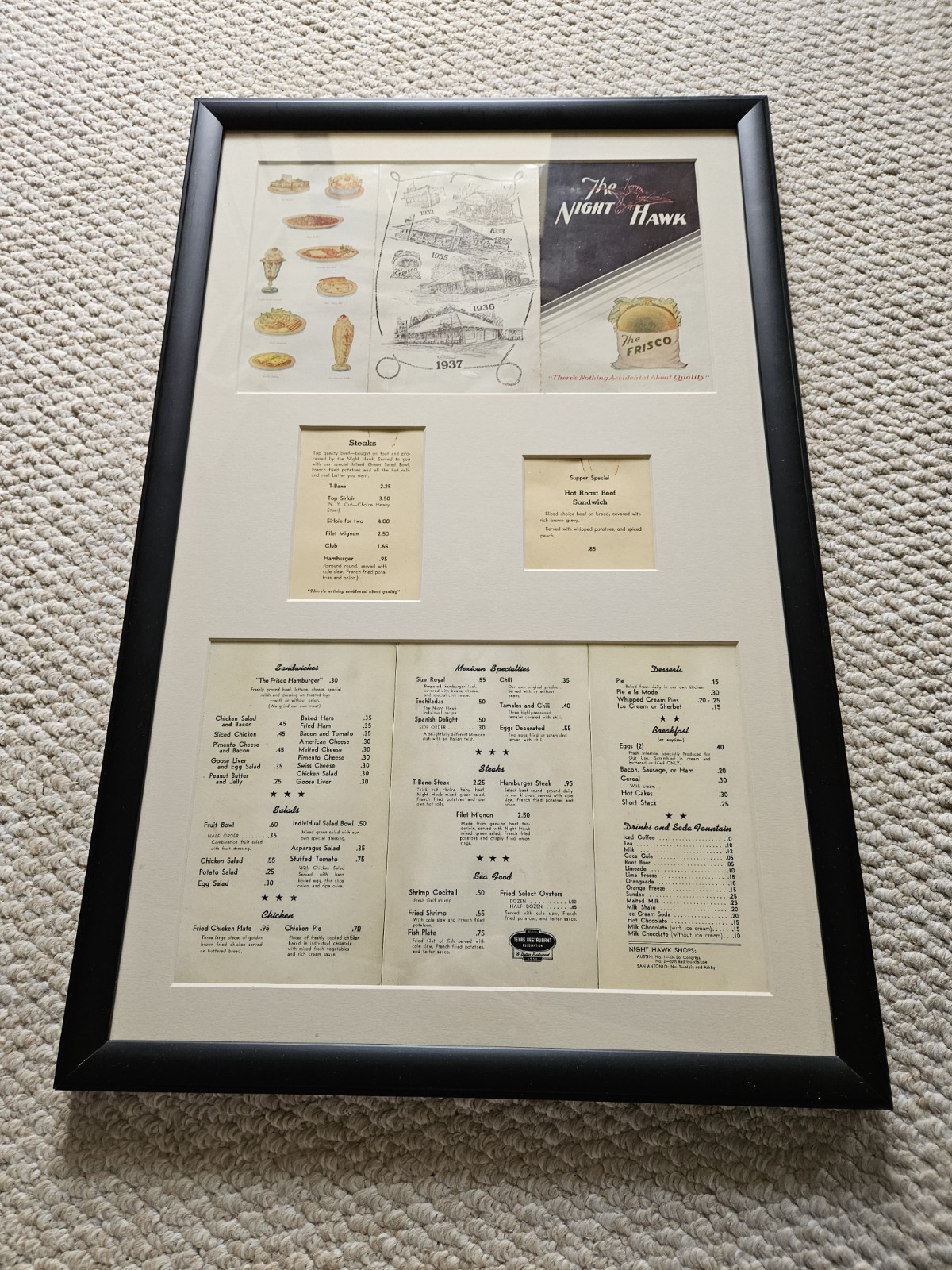 The Night Hawk Restaurant Framed Old Menu The Frisco Steaks 1937 Desserts