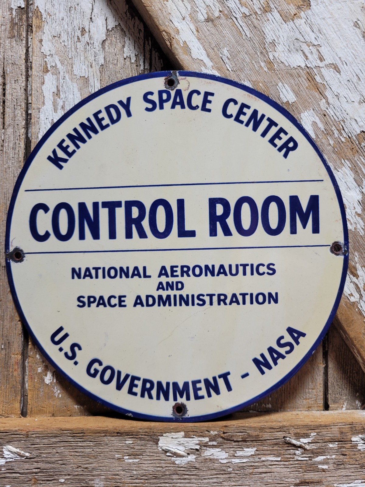 VINTAGE NASA PORCELAIN SIGN RARE OLD KENNEDY SPACE CENTER CONTROL ROOM ASTRONUT