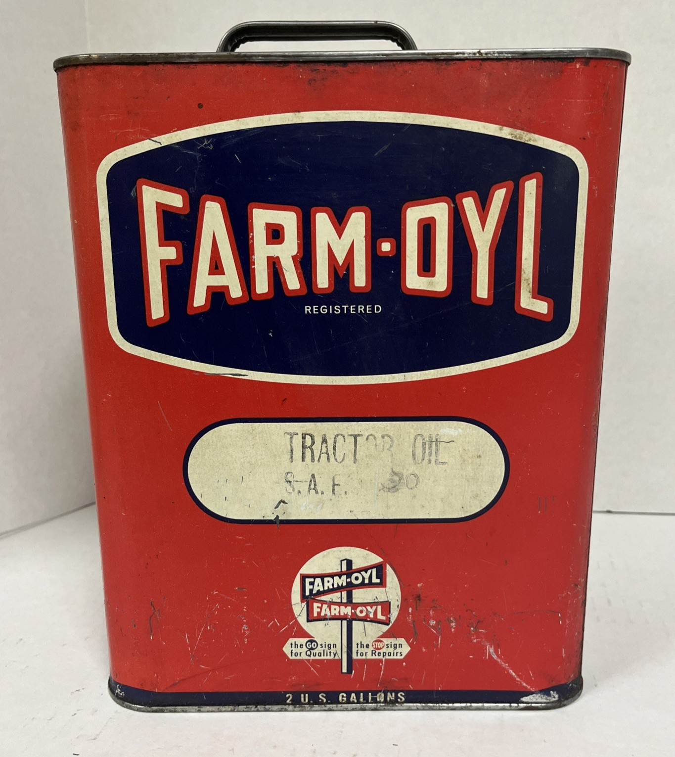 Vintage empty 2 Gallon Oil Can Farm-Oyl --sharp