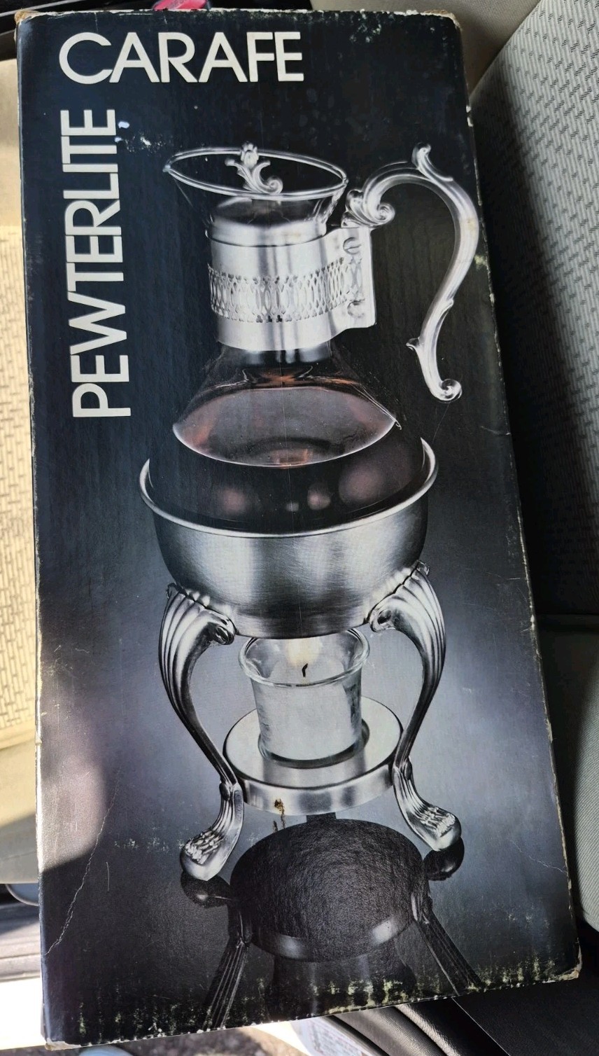 VINTAGE PEWTERLITE CARAFE AND WARMING STAND 9 Cup Open Box Unused Fb Rogers