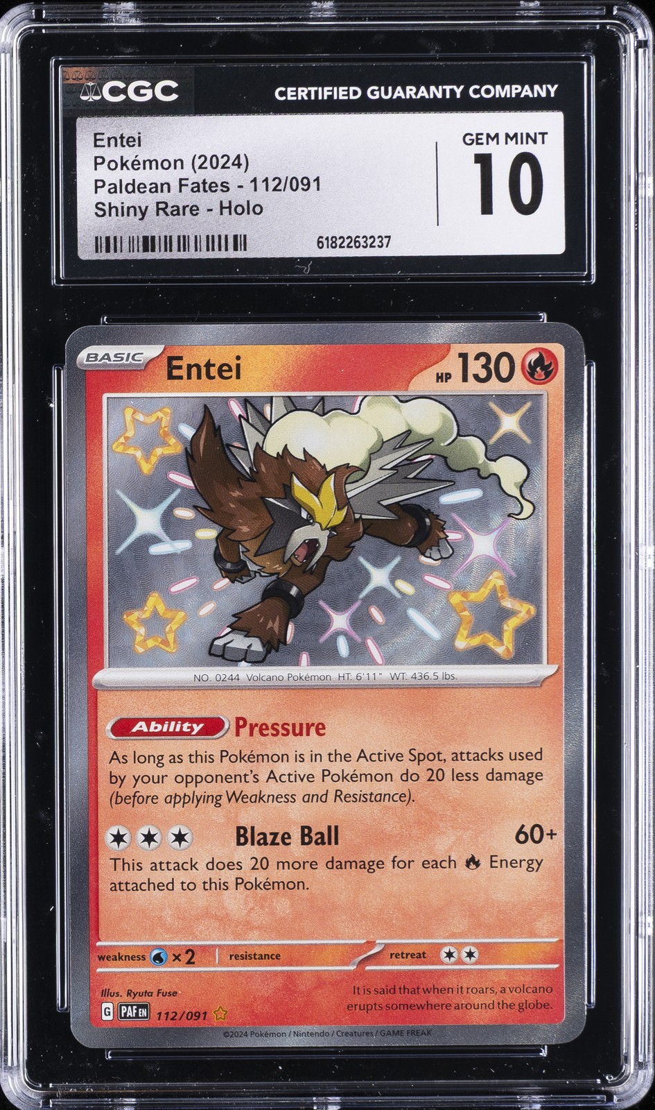 2024 POKÉMON PALDEAN FATES SHINY RARE HOLO #112/091 ENTEI CGC 10 GEM MINT