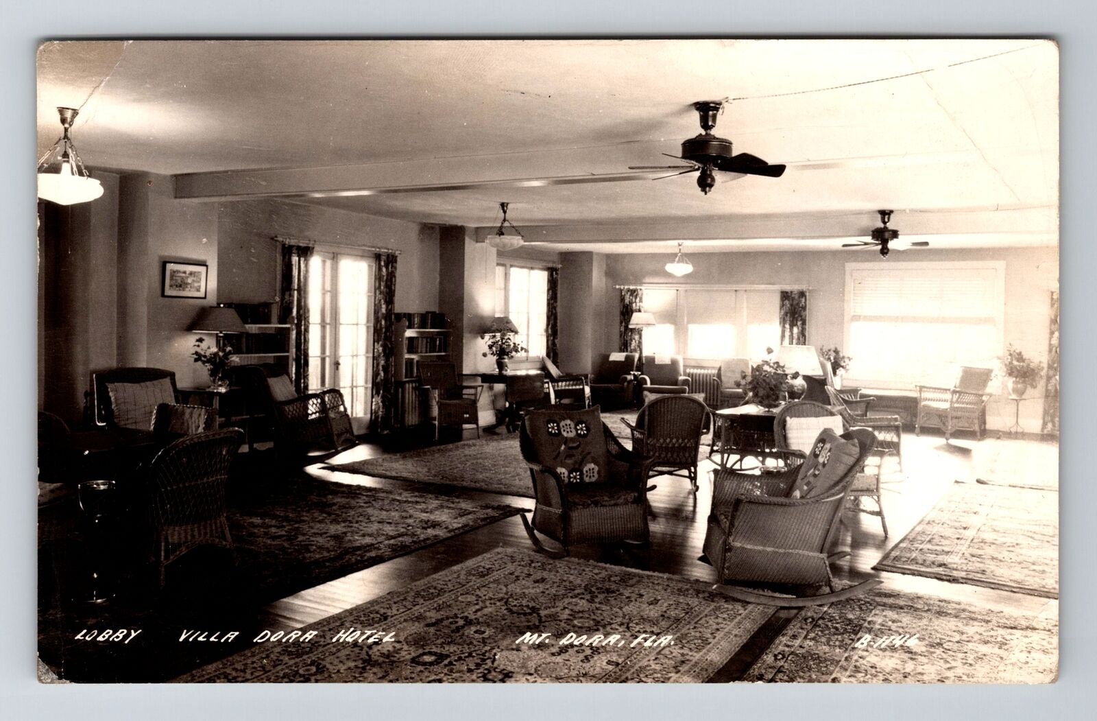 Mt. Dora FL-Florida RPPC Lobby at Villa Dora Hotel Real Photo 1940 Old Postcard