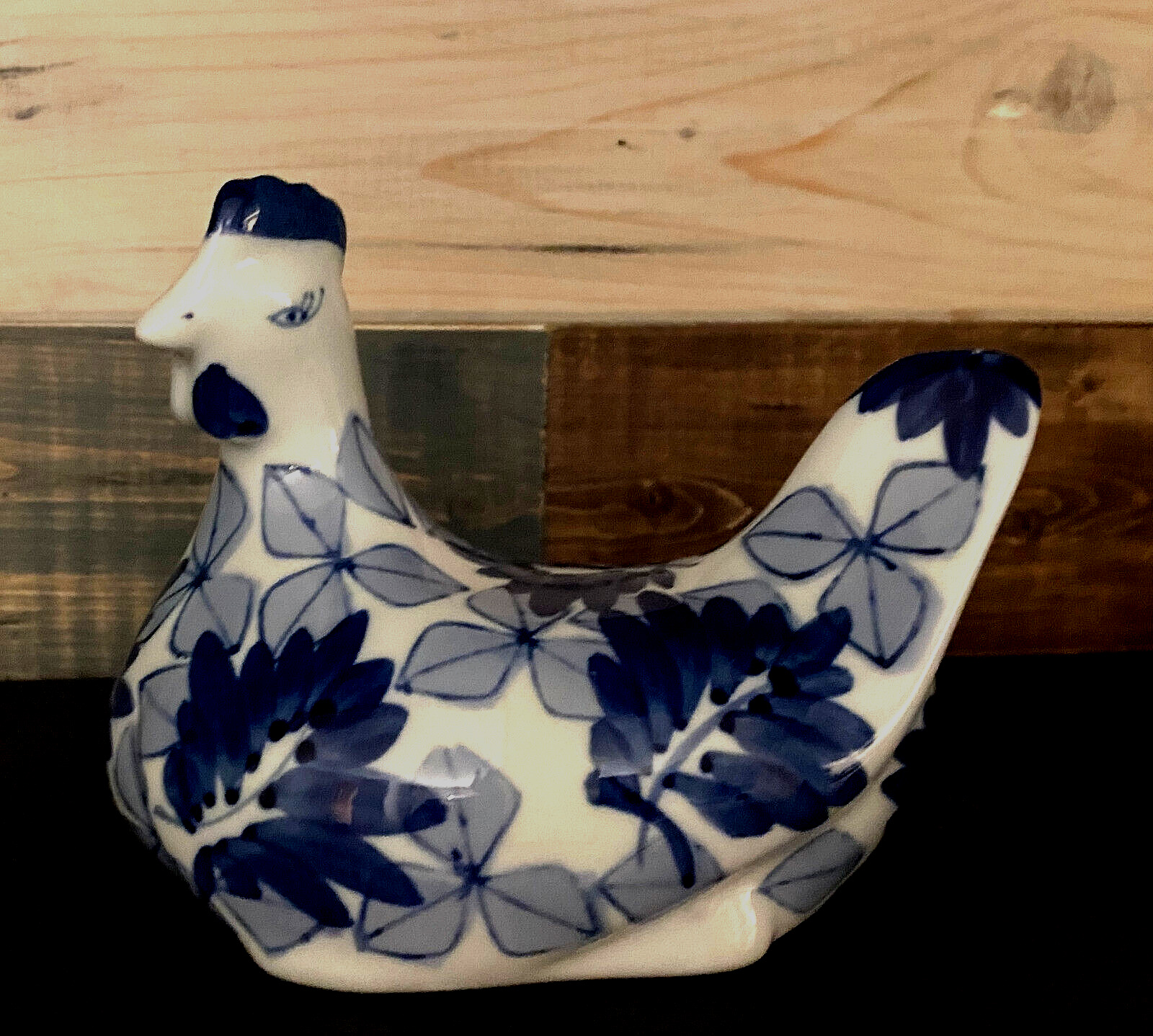 Blue & White Hen Hand Painted Ceramic Chicken Country Decor