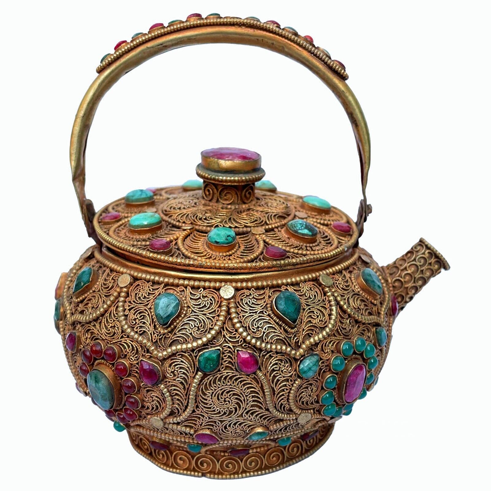 Tibetan Turquoise Ruby Stone Tea Golden Kettle Water Metal Vessel Buddhist Nepal