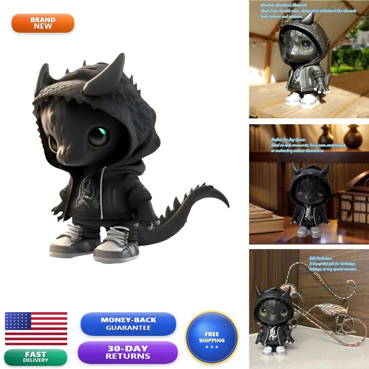 YUERVIEW Cool Dragon Figurine Statue - Black Resin