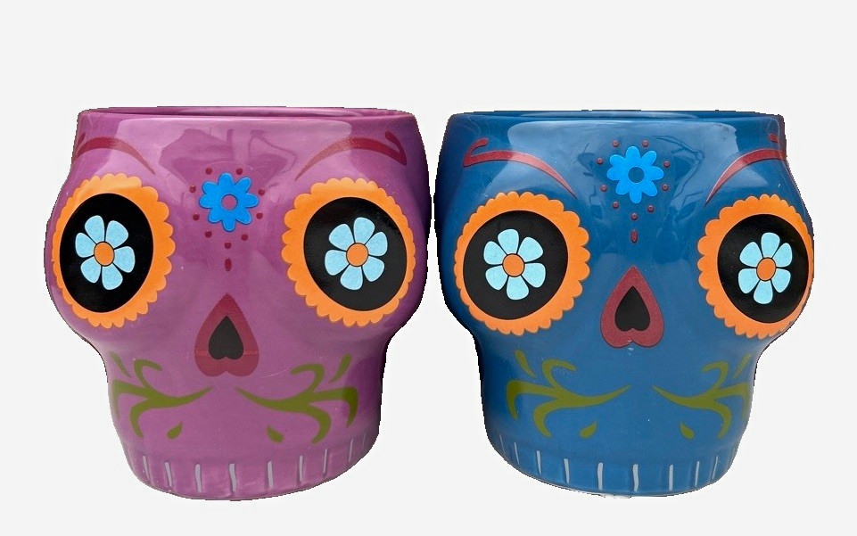 Set of 2 Day of the Dead Skull Ceramic Planters, Multicolor Glossy Round