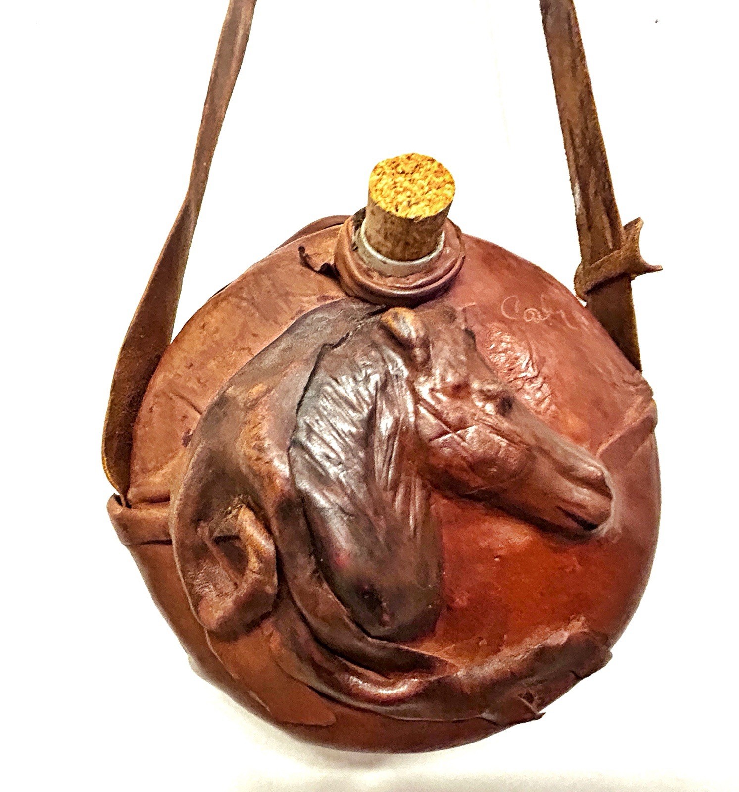 Signed Folk Art Horse Leather Canteen, Collectible Equestrian Vintage Hand Tool
