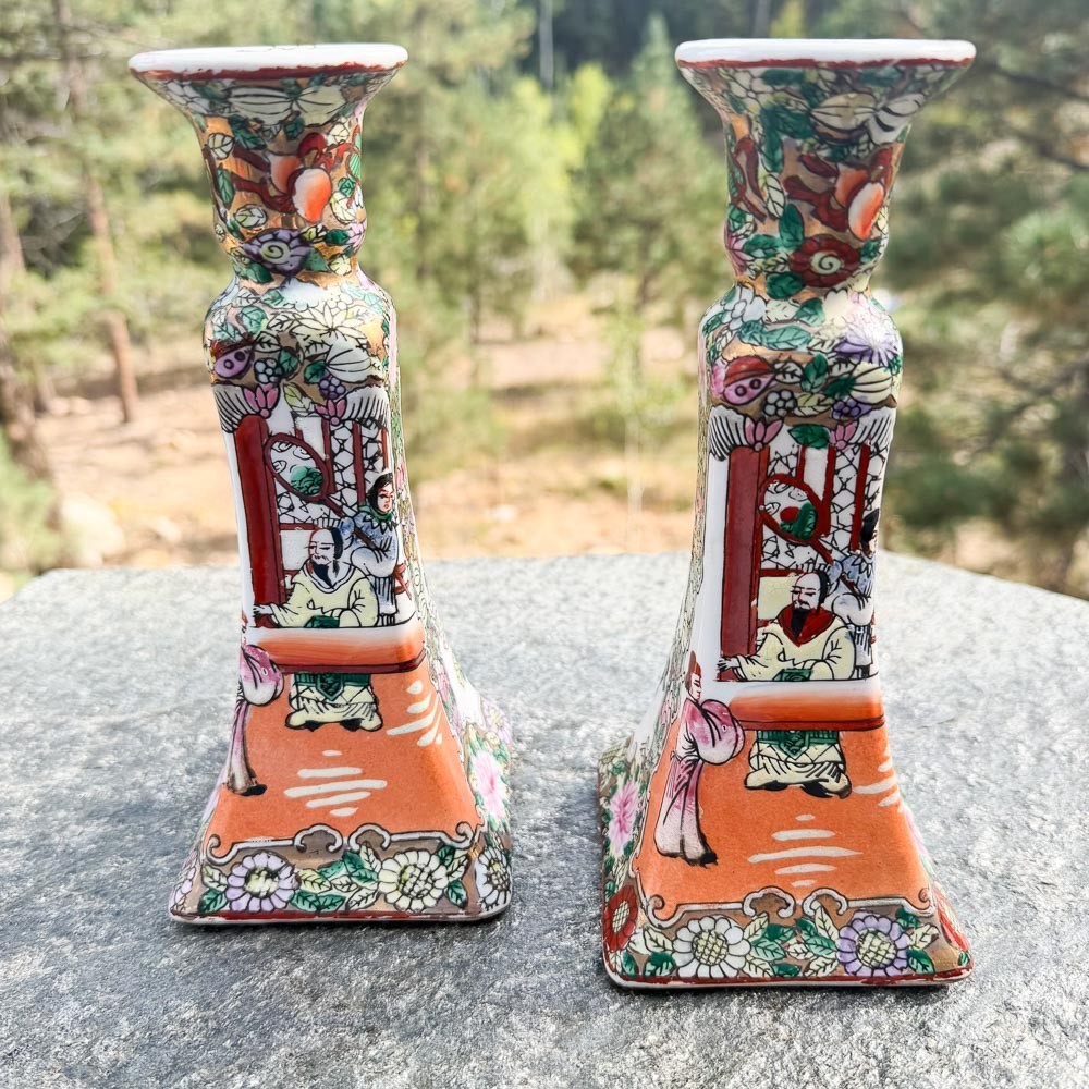 Vintage Chinese Famille Rose Canton Medallion Porcelain Candlestick Holders Pair
