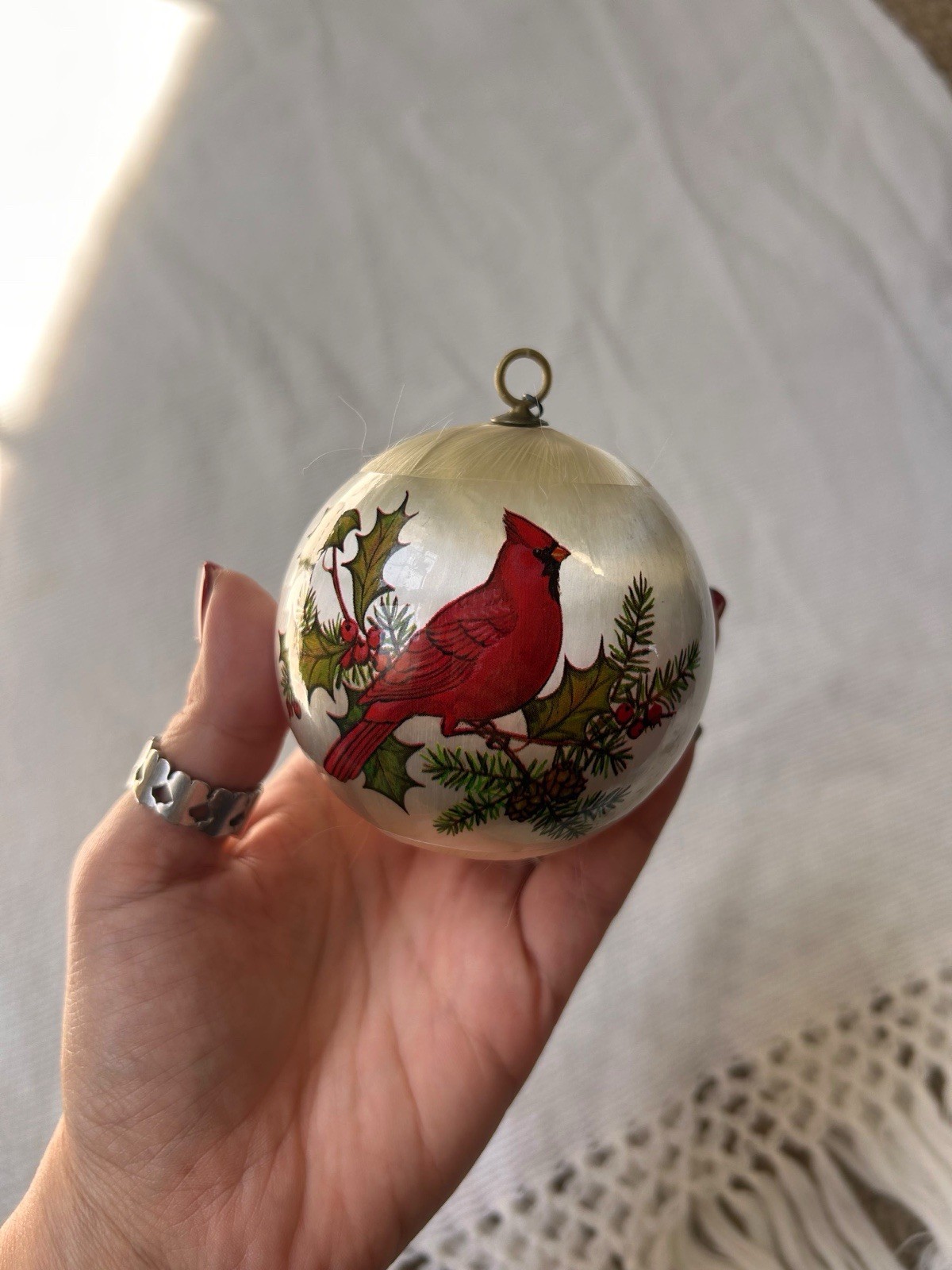 Vintage Christmas Ornament Red Cardinal Bird Thread Wrapped Ball Decor