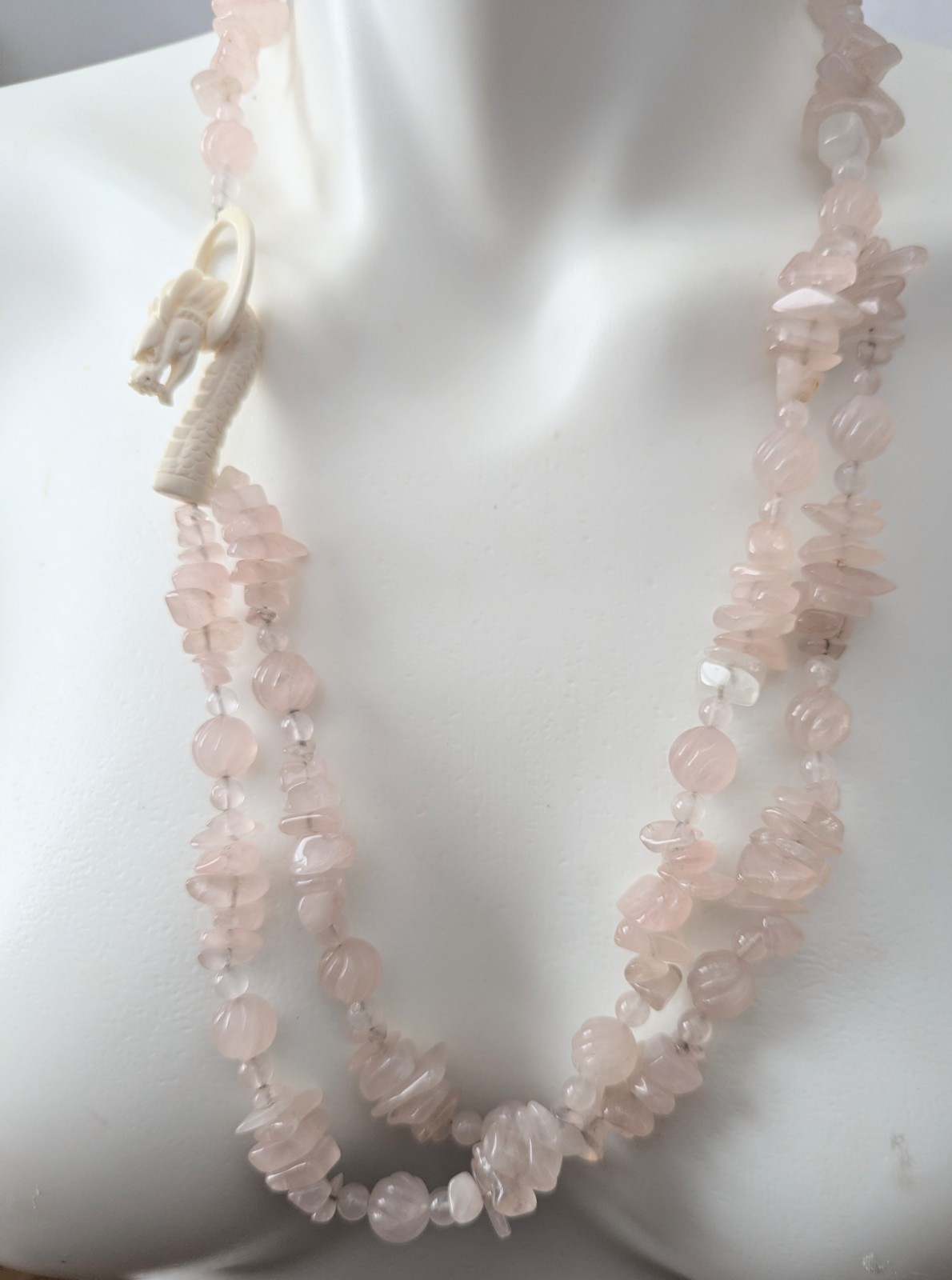 Vtg Finely Carved Chinese Dragon Head Rose Quartz Bead Necklace
