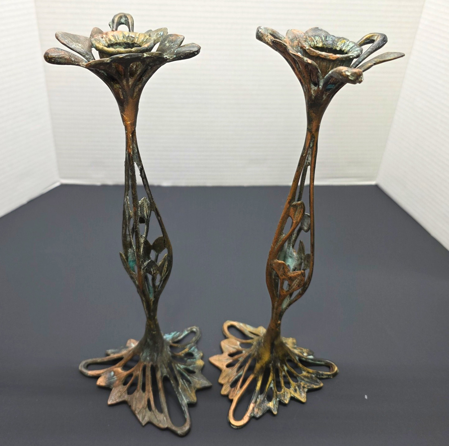 Set of 2 Art Nouveau Floral Metal Candle Holders Antique Finish 11.5in Taper