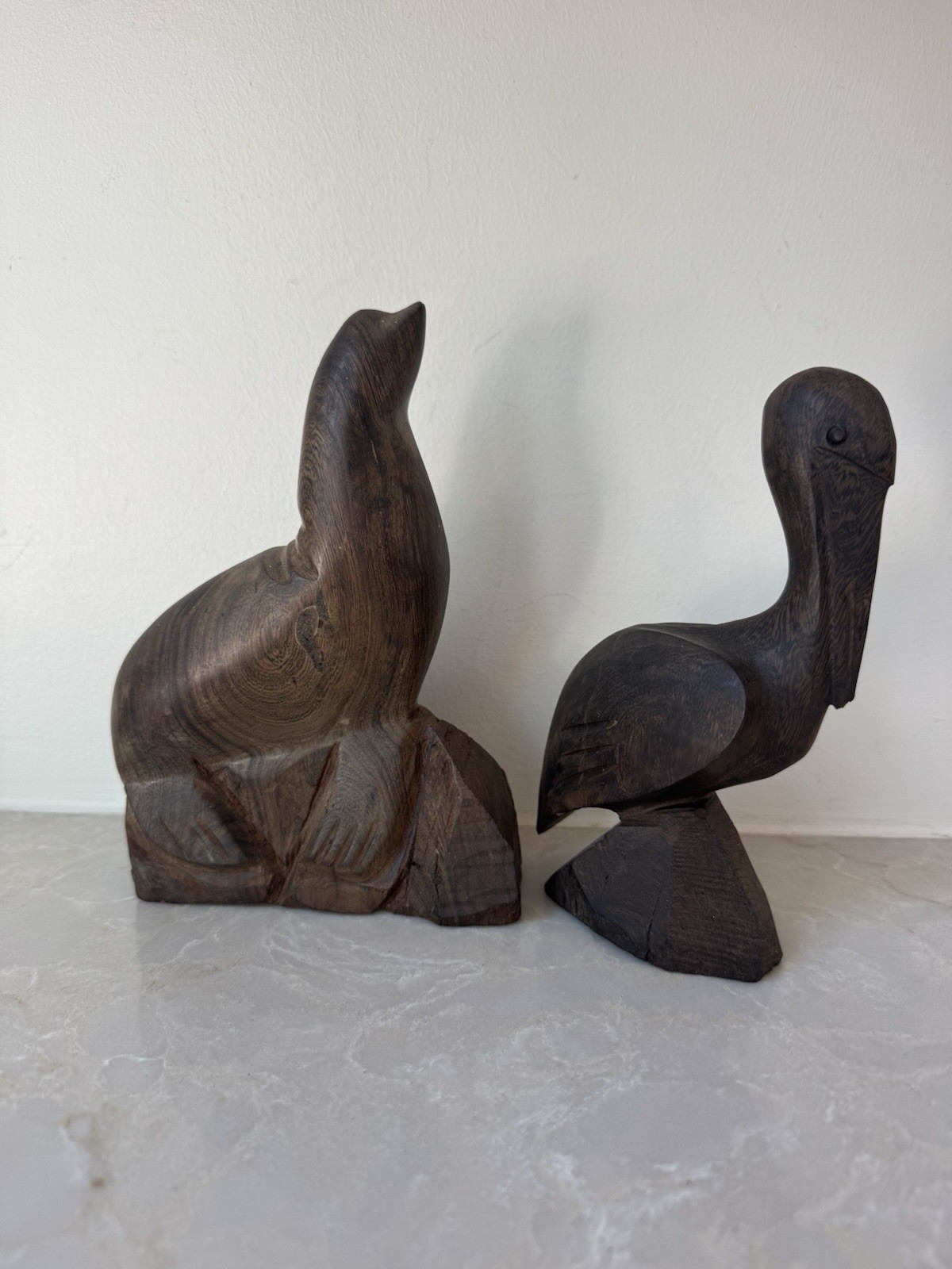 Hand Carved Ironwood Sea Lion Seal & Pelican Sculpture Set MCM Folk Art 7-7.5” Hand Carved Ironwood Sea Lion Seal & Pelican Sculpture Set MCM Folk Art 7-7.5”